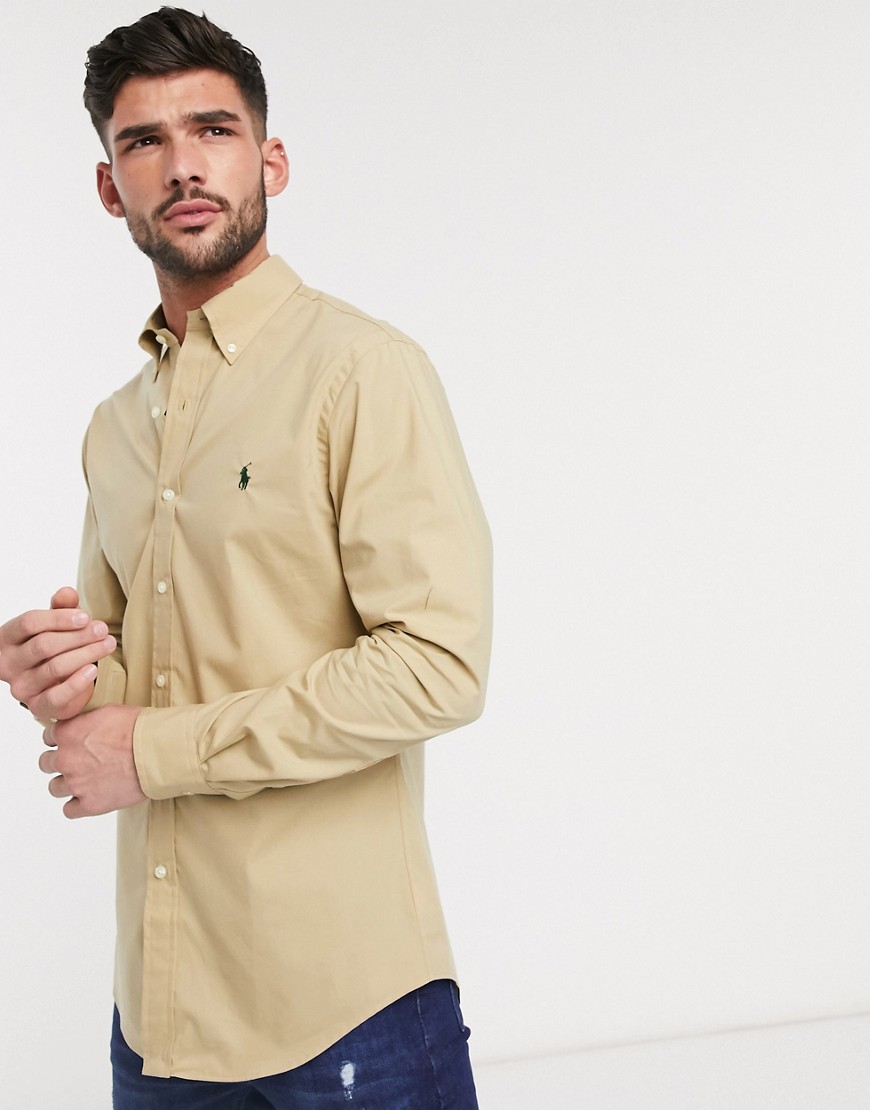 Polo Ralph Lauren – Brun poplinskjorta med smal passform och logga-Guldbrun