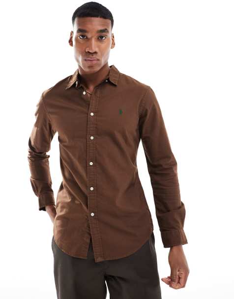 Polo Ralph Lauren – Brun, smal, tygfärgad oxfordskjorta med ikonlogga - view 1