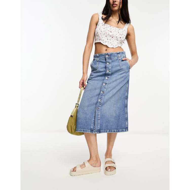 A line button shop up denim skirt