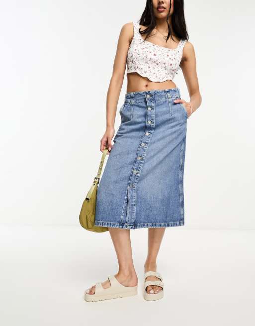 High waisted a line denim clearance skirt