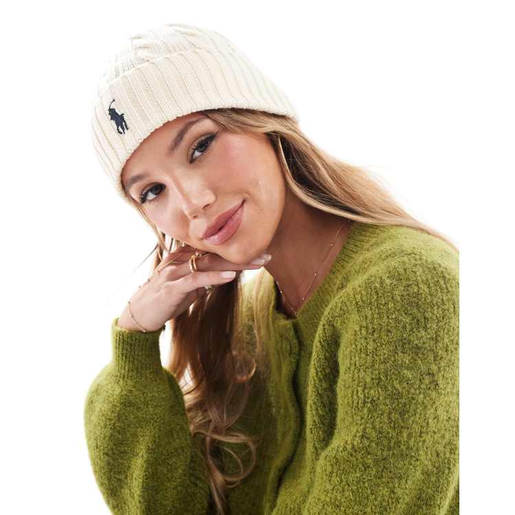 Polo Ralph Lauren cabel knit beanie hat with pony logo in cream ASOS