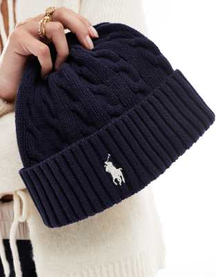 Polo Ralph Lauren cabel knit beanie hat with pony logo in navy | ASOS
