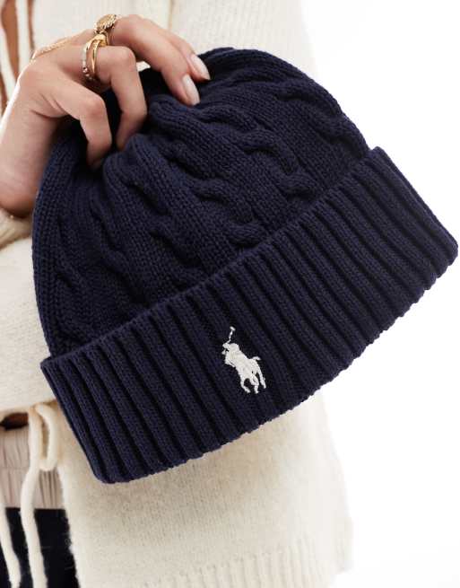 Polo Ralph Lauren cabel knit beanie hat with pony logo in navy, 2 of 4