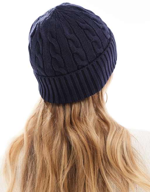 Polo Ralph Lauren cabel knit beanie hat with pony logo in navy ASOS
