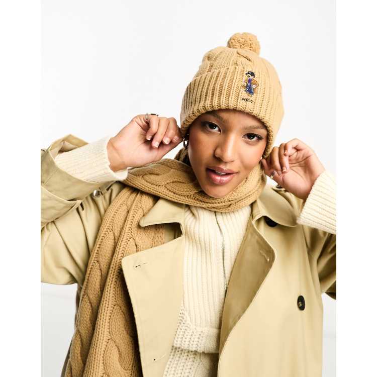 Polo Ralph Lauren cable knit beanie in tan with bobble and bear logo ASOS