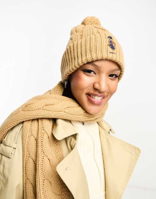 Polo Ralph Lauren cable knit beanie in tan with bobble and bear logo ASOS