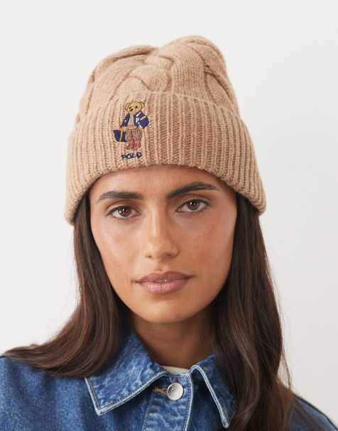 Polo Ralph Lauren cable knit beanie with bear logo in camel - view 1