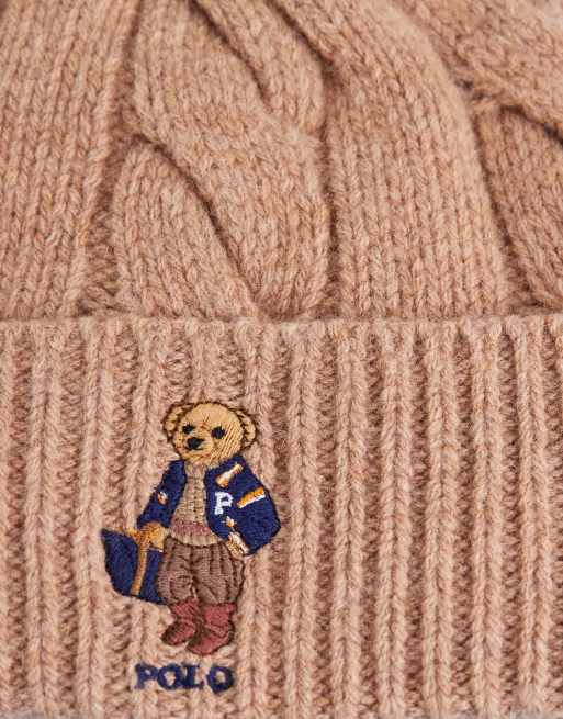 Polo Ralph Lauren cable knit beanie with bear logo in camel , 2 of 3