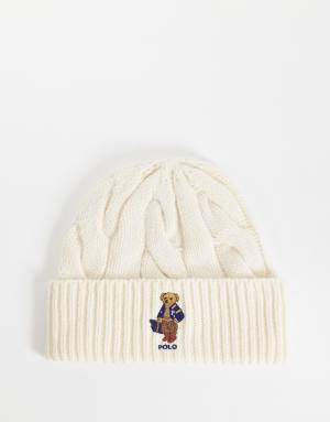 Polo Ralph Lauren cable knit beanie with bear logo in cream