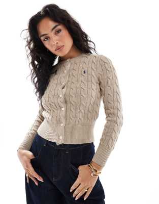 Polo Ralph Lauren Cable Knit Cardigan With Logo In Neutral