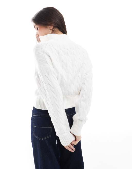 Polo Ralph Lauren cable knit half zip jumper with logo in white, 4 of 4