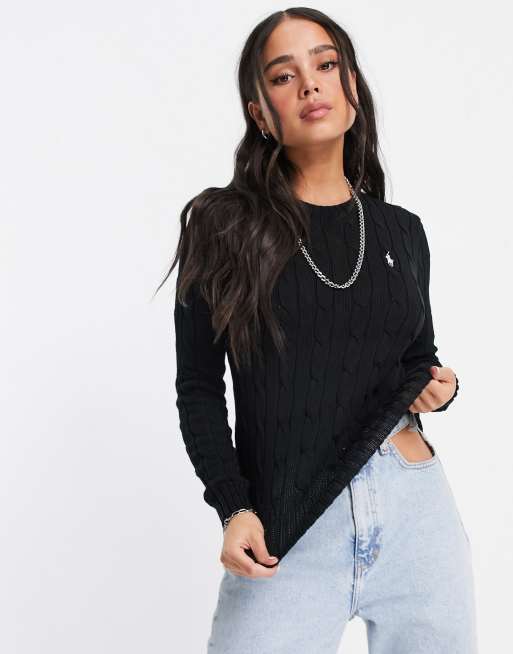 Polo Ralph Lauren cable knit logo sweater in black | ASOS