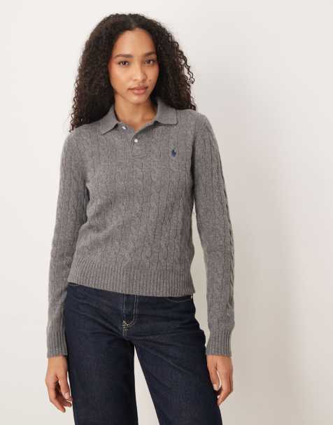 Polo Ralph Lauren cable knit long sleeve polo in grey - view 1