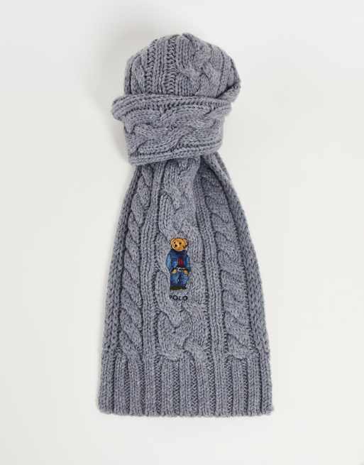 Polo Ralph Lauren cable knit scarf in grey with bear | ASOS