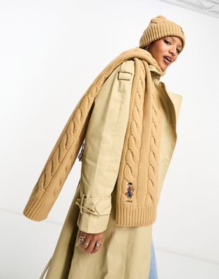 Polo Ralph Lauren cable knit scarf with bear logo in tan - ASOS Price Checker