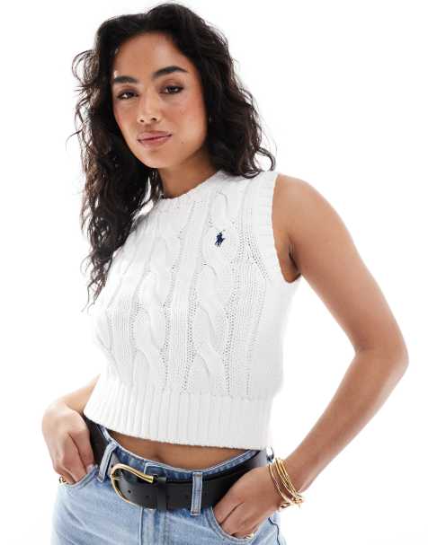 Polo Ralph Lauren cable knit sleeveless jumper with logo in white - view 1