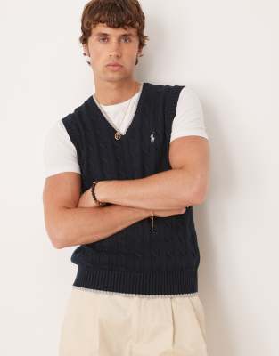Polo Ralph Lauren cable knit sleeveless vest in navy - view 1