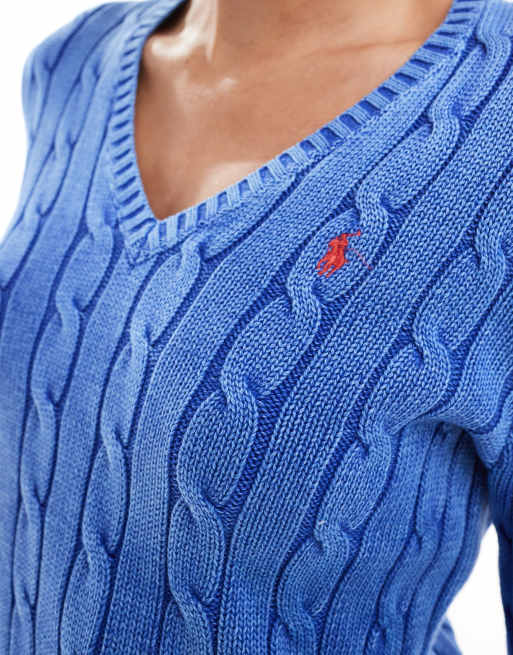 Polo Ralph Lauren cable knit v neck with logo in blue | ASOS