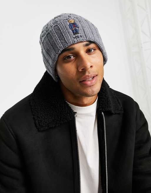 Polo Ralph Lauren cable knit wool beanie in grey with bear logo | ASOS