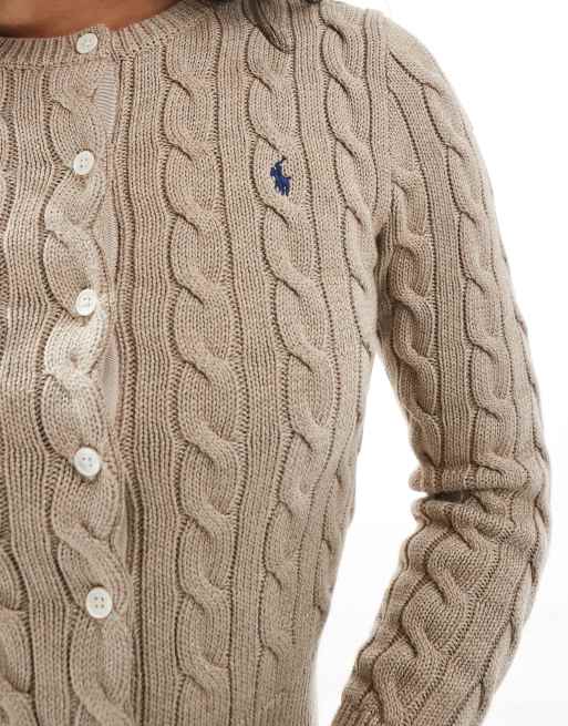 Polo Ralph Lauren cable knitted cardigan with logo in beige, 4 of 4