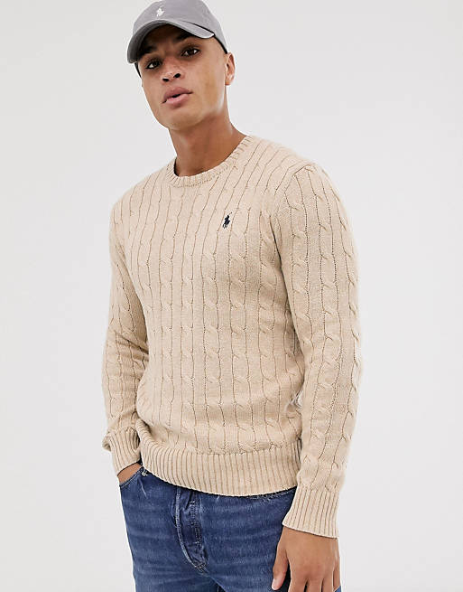 Polo Ralph Lauren cable knitted jumper in beige with player logo | ASOS