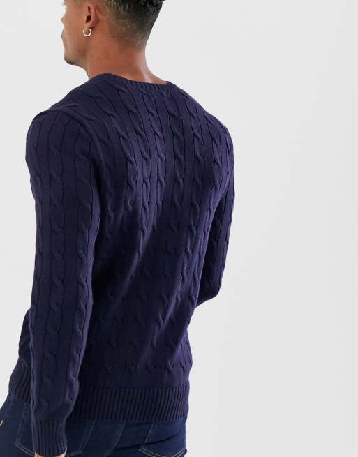 Polo Ralph Lauren cable knitted jumper in navy with player logo, 2 of 4