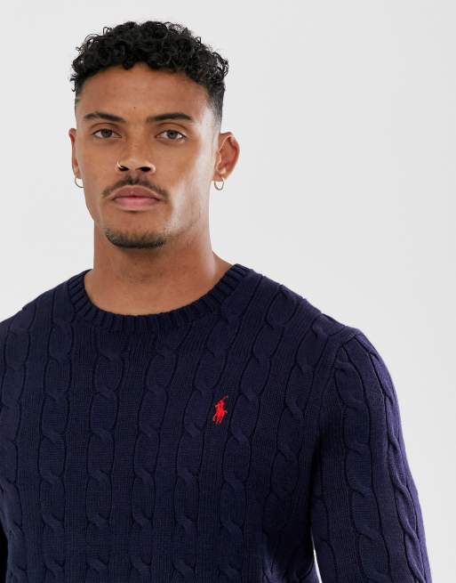 Polo Ralph Lauren cable knitted jumper in navy with player logo | ASOS