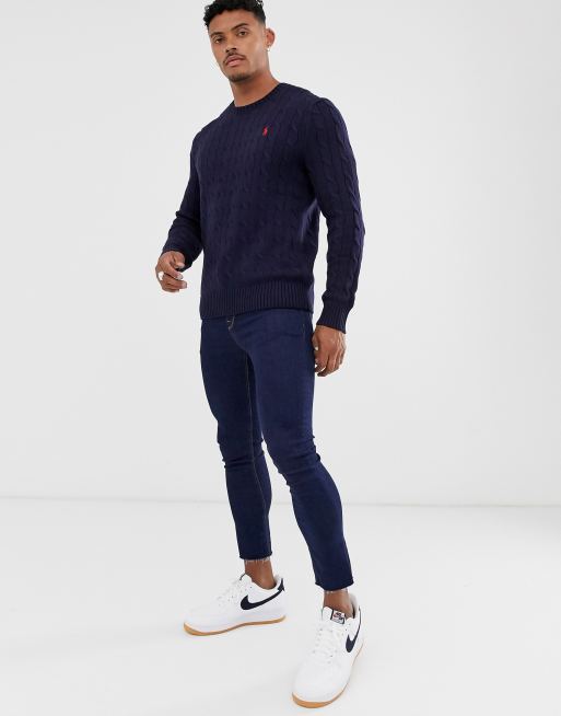 Polo Ralph Lauren cable knitted jumper in navy with player logo