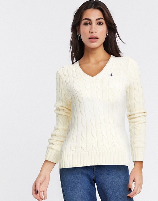 Polo Ralph Lauren cable v neck knit jumper in cream