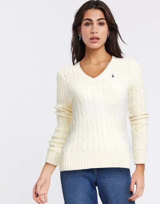 Polo Ralph Lauren cable v neck knit jumper in cream ASOS