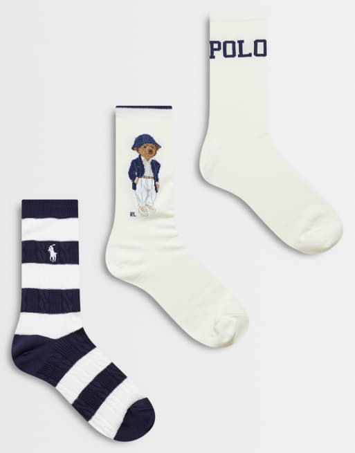 Polo Ralph Lauren calze con logo a righe e orsetto, confezione da 3, multicolore