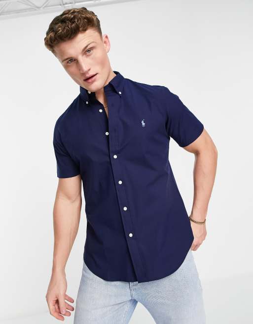 Polo Ralph Lauren - Camicia a maniche corte con logo in popeline blu navy con vestibilità regular fit