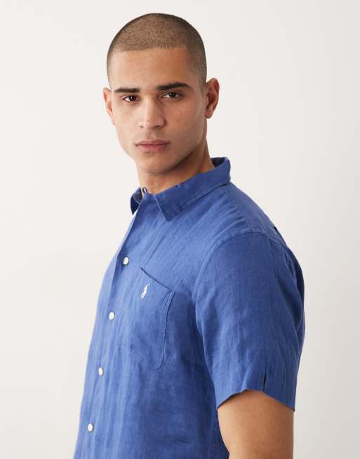 Polo Ralph Lauren - Camicia a maniche corte in lino blu navy con logo, 4 di 5