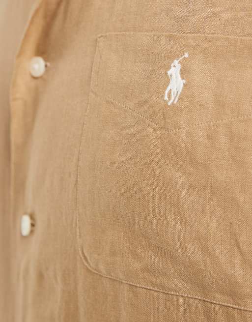 Polo Ralph Lauren - Camicia a maniche corte in lino color cuoio con logo, 3 di 5