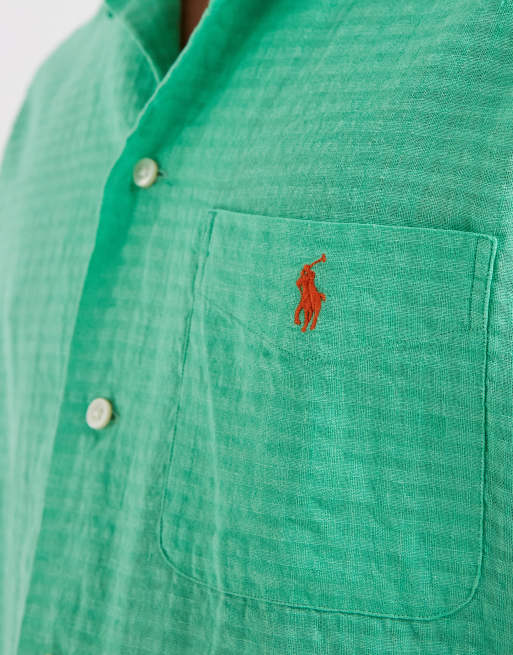 Polo Ralph Lauren - Camicia a maniche corte in lino seersucker verde con logo, 4 di 5
