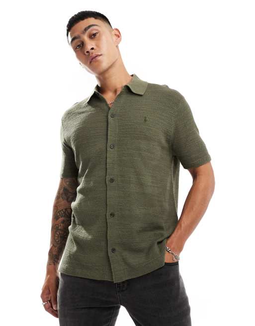 Polo Ralph Lauren - Camicia a maniche corte in maglia di misto cotone verde scuro con bottoni e logo a icona