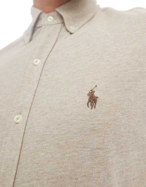 Polo Ralph Lauren - Camicia a maniche corte in piqué beige mélange con logo, 3 di 4