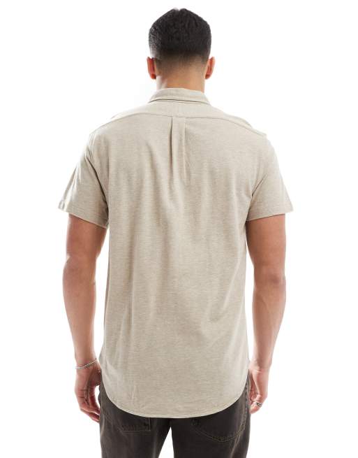 Polo Ralph Lauren - Camicia a maniche corte in piqué beige mélange con logo, 4 di 4
