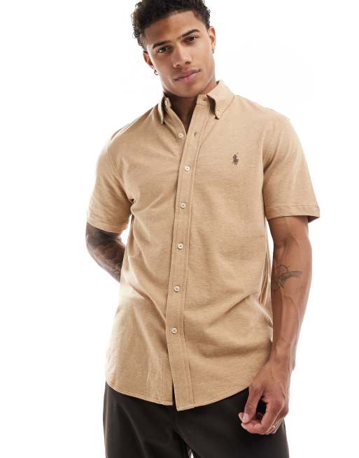 Polo Ralph Lauren - Camicia a maniche corte in piqué color cammello mélange con logo