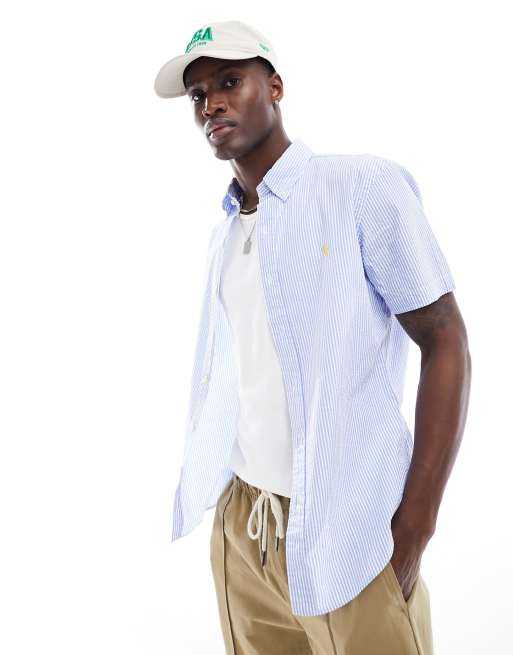 Polo Ralph Lauren Camicia a maniche corte in seersucker a righe color blu e bianco con logo a icona ASOS