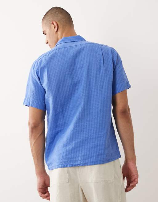 Maine Camicia Uomo A Maniche Corte In Seersucker Di Cotone - Rigata, Colletto Abbottonato, Vestibilità Regolare