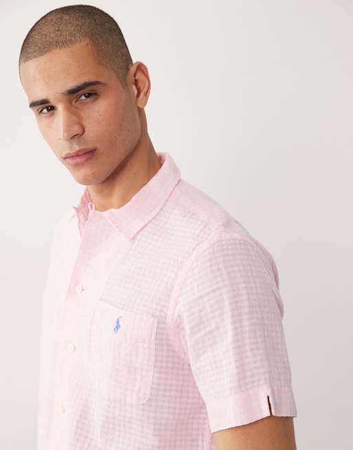Polo Ralph Lauren - Camicia a maniche corte in seersucker lino rosa con logo, 4 di 5