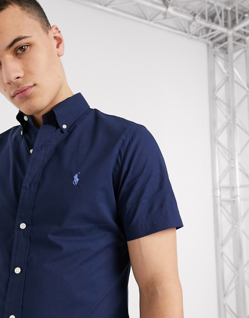 Polo Ralph Lauren - Camicia a maniche corte slim con logo in popeline blu navy