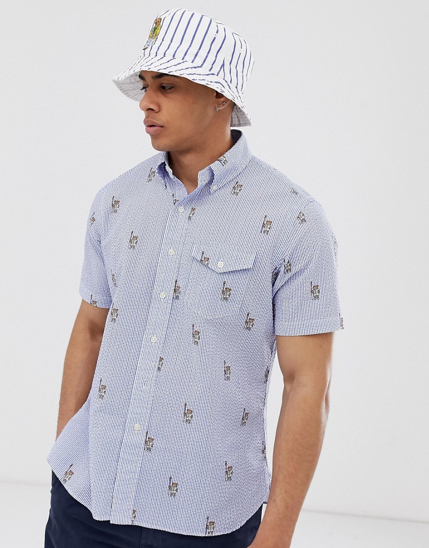 Polo Ralph Lauren - Camicia a maniche corte vestibilità classica custom fit in seersucker a righe con orsi blu/bianco