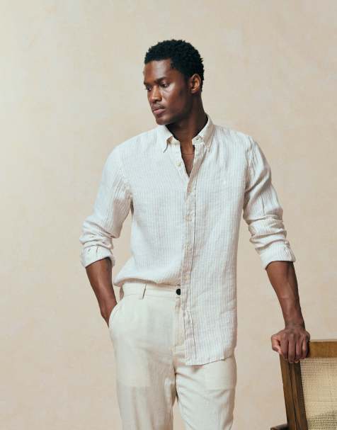 Polo Ralph Lauren - Camicia a maniche lunghe in lino beige e bianco a righe con logo iconico - view 1