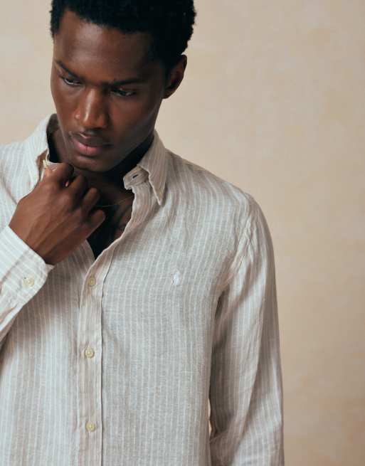Polo Ralph Lauren - Camicia a maniche lunghe in lino beige e bianco a righe con logo iconico, 3 di 5