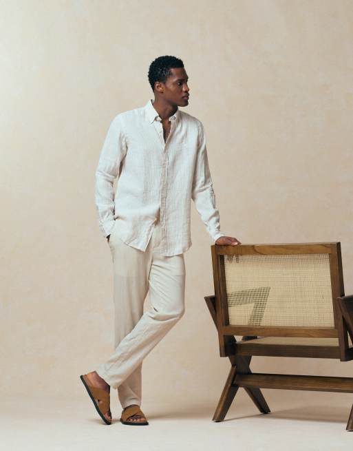 Polo Ralph Lauren - Camicia a maniche lunghe in lino beige e bianco a righe con logo iconico, 5 di 5