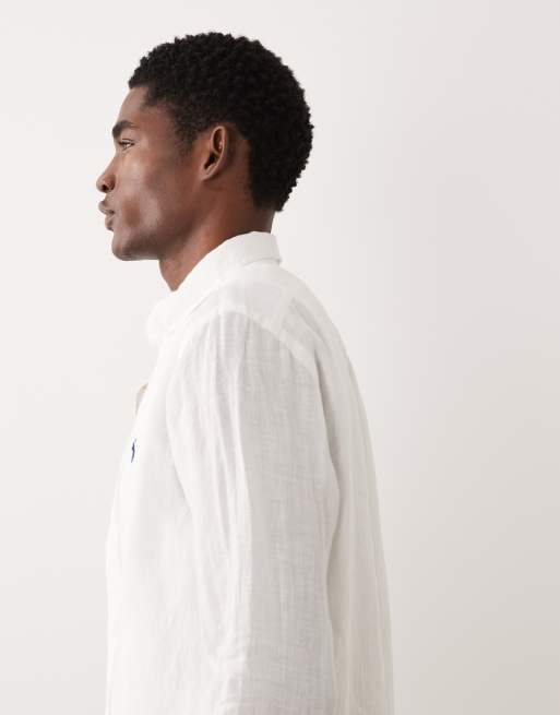 Polo Ralph Lauren - Camicia a maniche lunghe in lino bianca con logo, 4 di 5