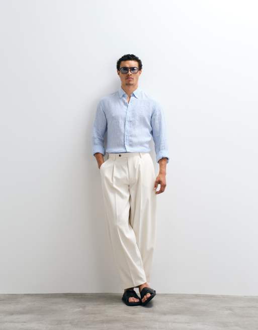 Polo Ralph Lauren - Camicia a maniche lunghe in lino blu e bianca a righe con logo, 2 di 9