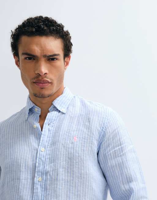 Polo Ralph Lauren - Camicia a maniche lunghe in lino blu e bianca a righe con logo, 3 di 9